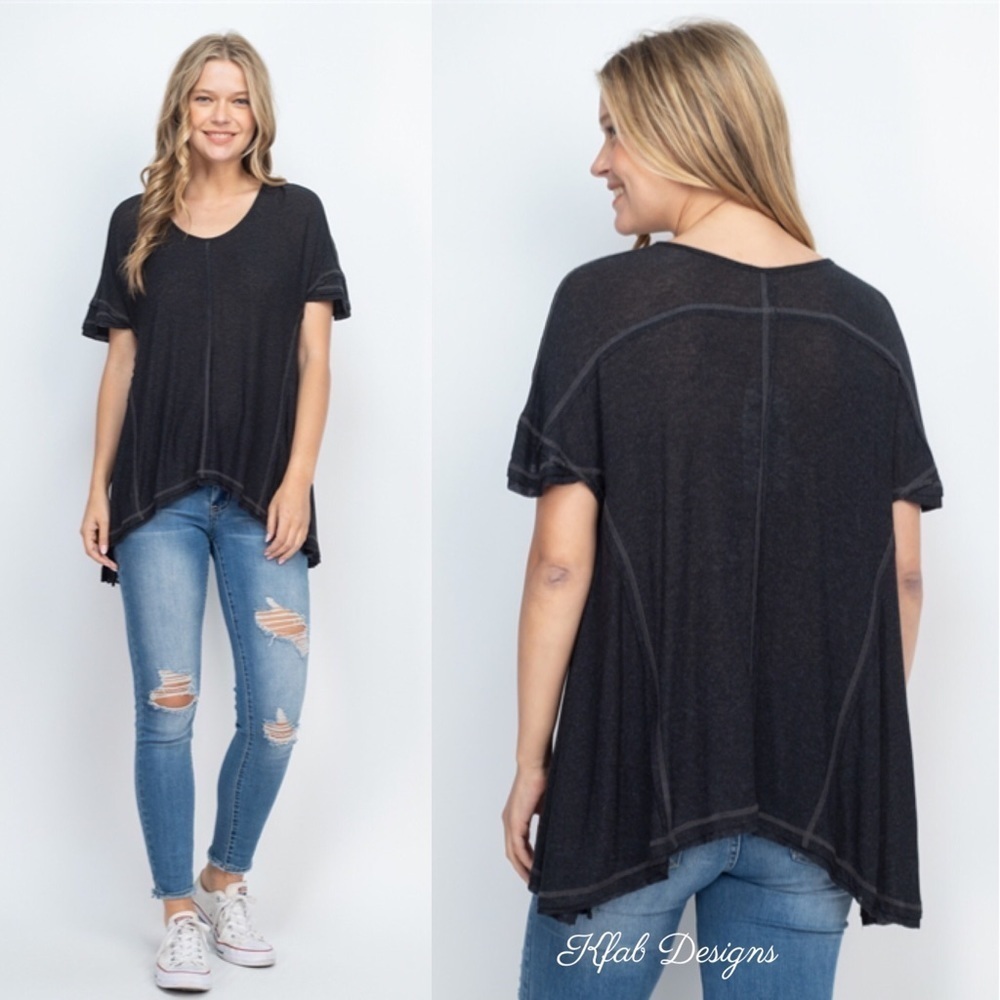 LAST 1! V Neck Shark Bite Hem Seam Trim Detail Black Top